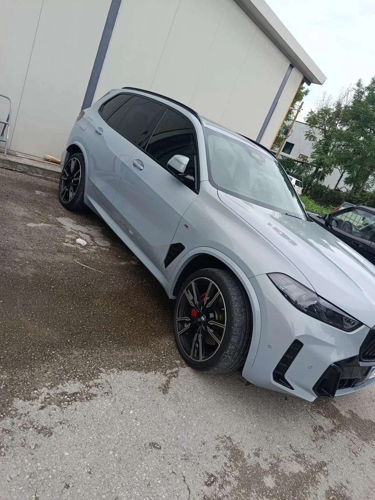 BMW grigia con vetri oscurati fotografata all'aperto